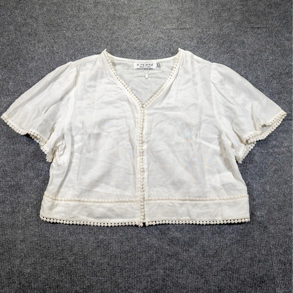 Tops - Crop Top Linen Blend Shirt Women 12 White Pompom Trim Festival Boho Cottagecore